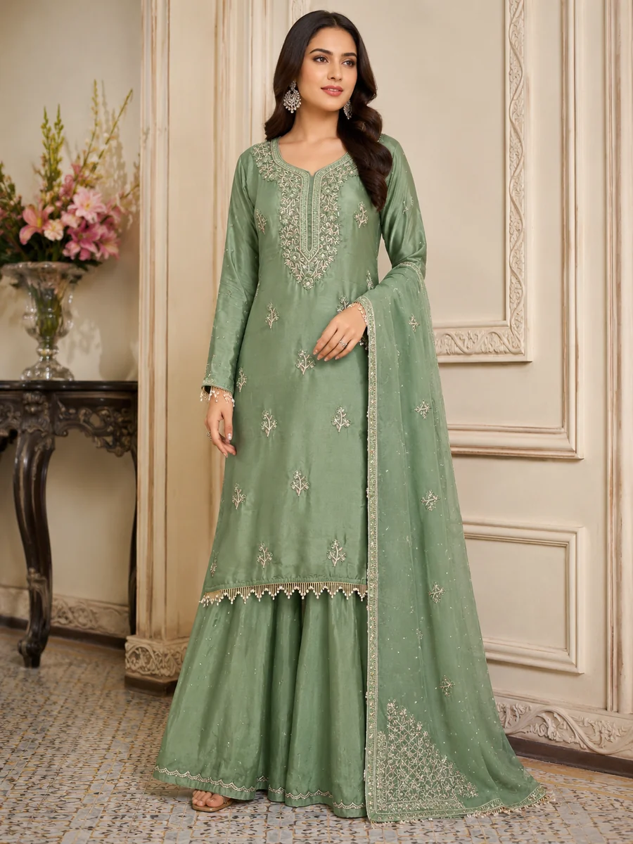 Green embroidered ladies suit with matching dupatta