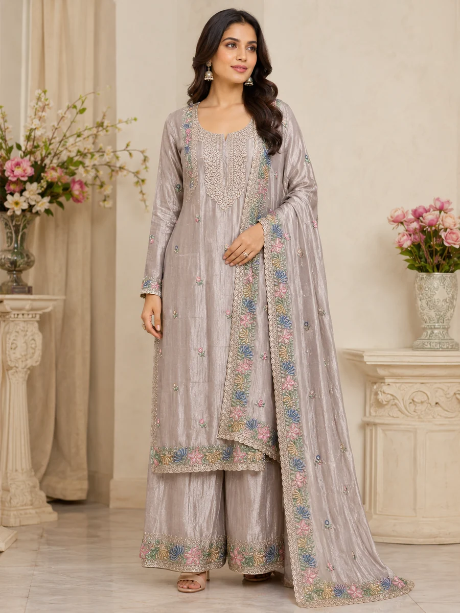 Grey floral embroidered ladies suit with matching dupatta