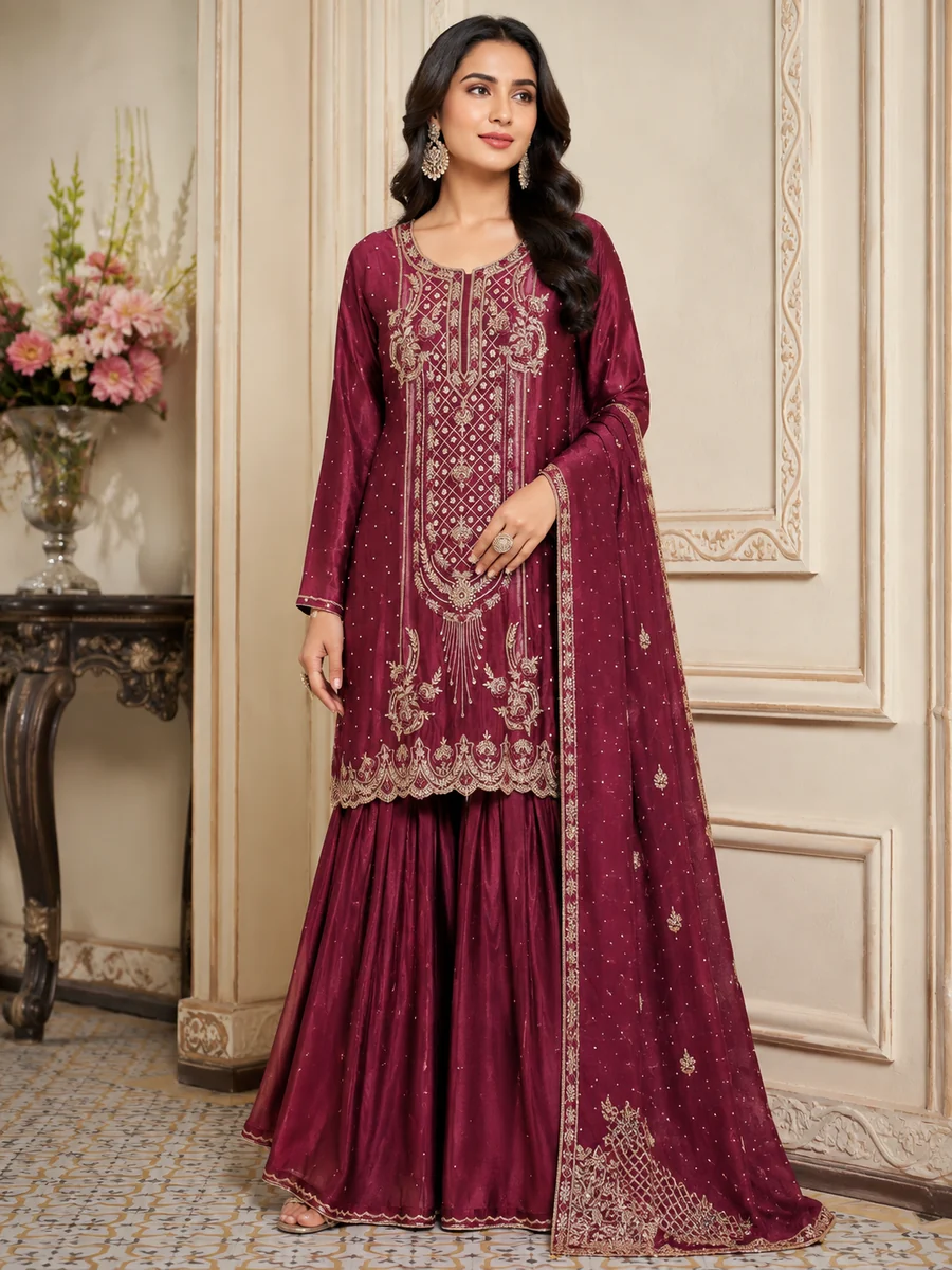 Maroon ready-made embroidered ladies suit with matching dupatta