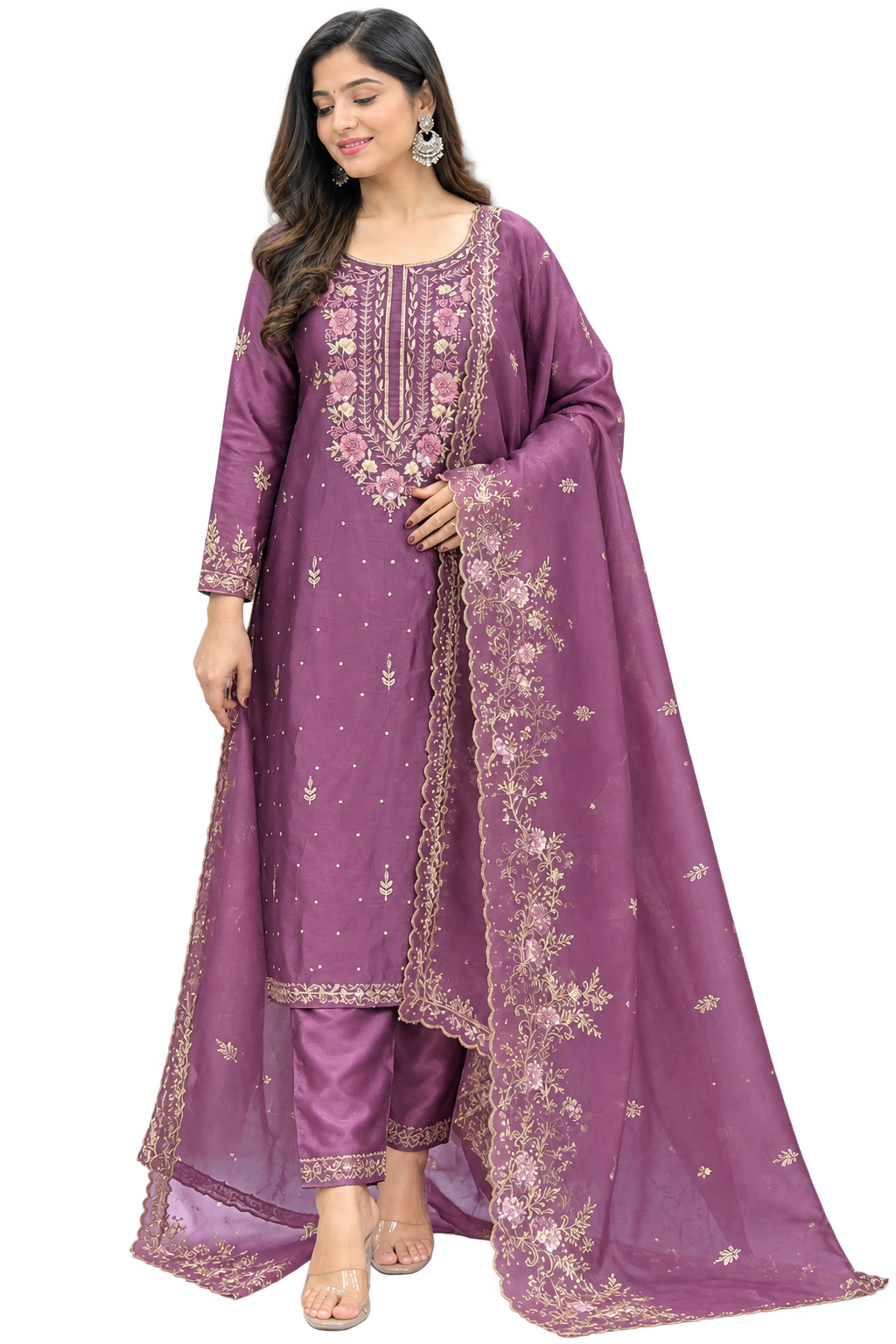 Purple embroidered designer bridal suit with matching dupatta and handwork embroidery